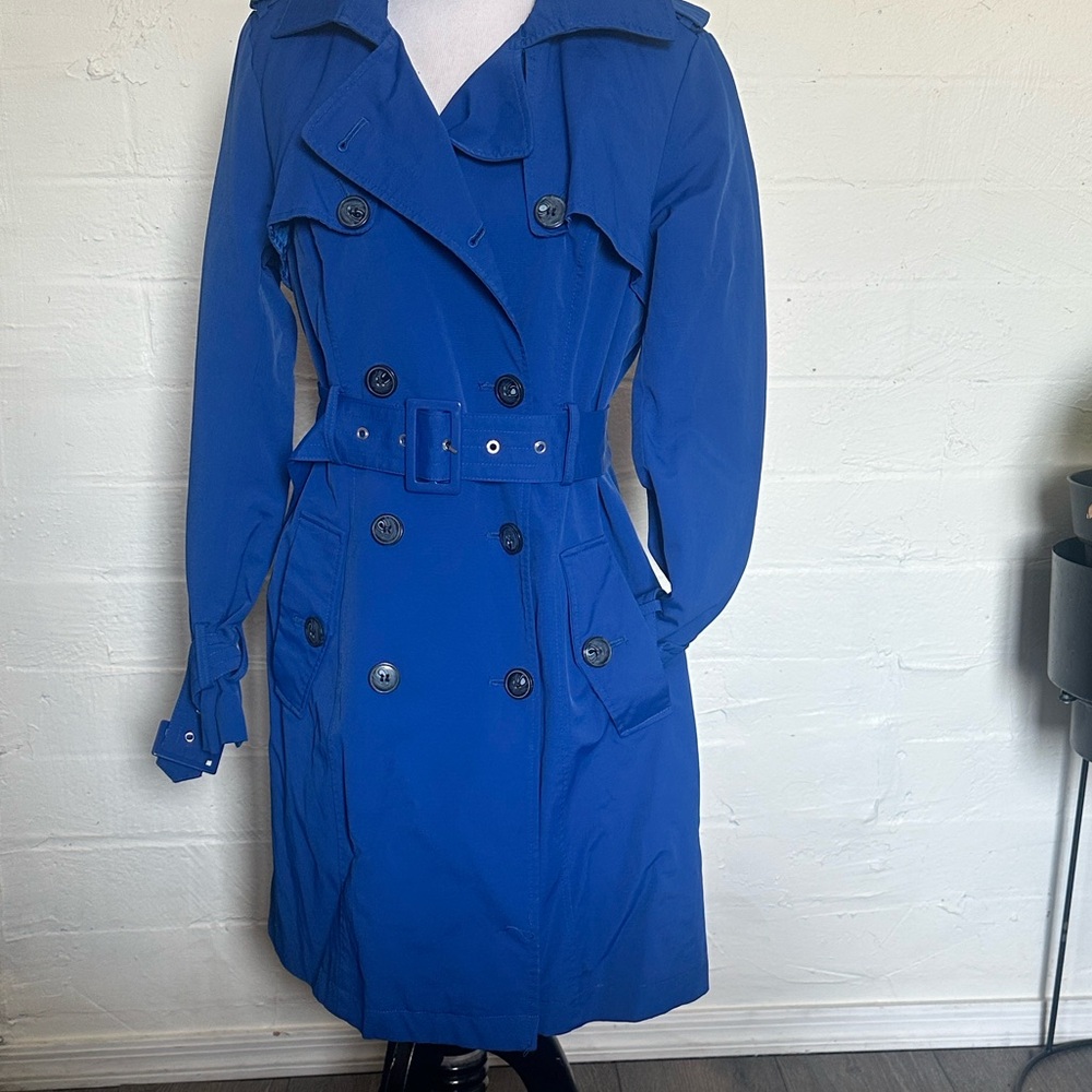 New York & Company Royal Blue Double-Breasted Trench Coat with Belt